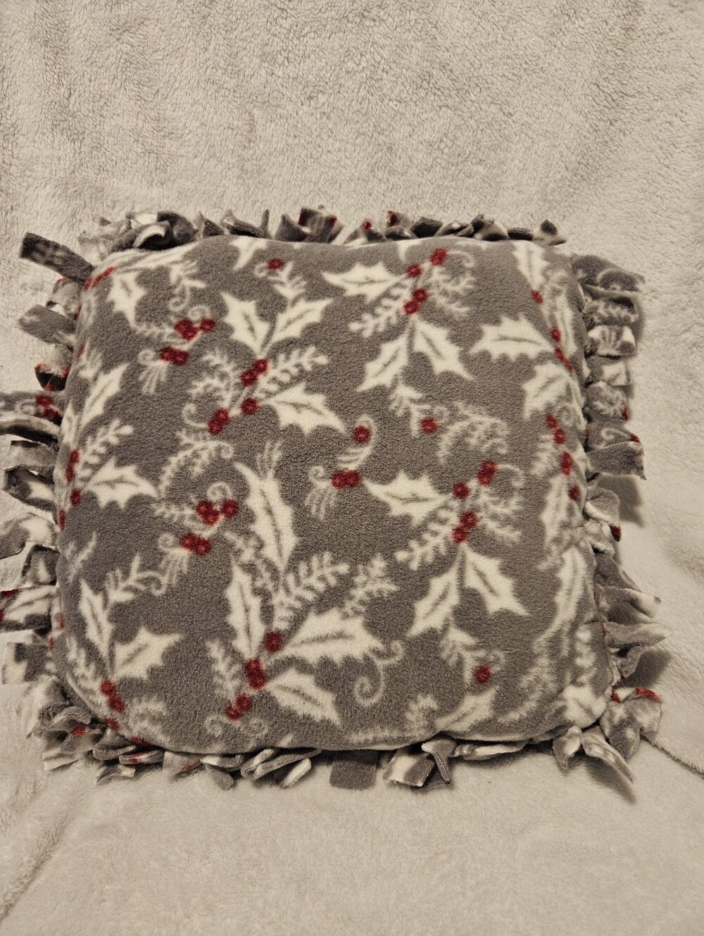 Handmade no sew Holiday holly fleece accent pillow.  Machine washable,